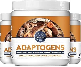 TruWild Adaptogens Vegan Capsule Supplement w/Ashwagandha + Maca w/Full Spectrum Mushrooms – All Natural – 60 Servings