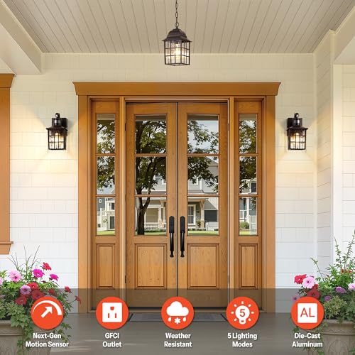 Image of Gleamz Motion Sensor Exterior Garage Lighting Fixtures with GFCI Outlet, Farmhouse Oil Rubbed Bronze Gold Trim Outdoor Porch Lights Wall Mount, Waterproof Dusk to Dawn Outdoor Sconce Lights for House