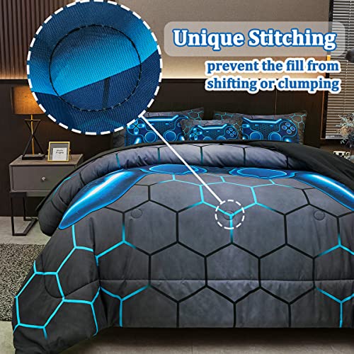 Image of Game Console Blue Comforter Set with Sheets, 6 Pcs Bed in A Bag Geometric Lightweight Boys Full Size Bedding Set for Kids Teens