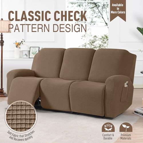 Image of TAOCOCO Recliner Sofa Covers 8-Pieces Stretch Large Couch Covers for 3 Seats Reclining Slipcovers Soft Jacquard Pattern Furniture Protector (Khaki)