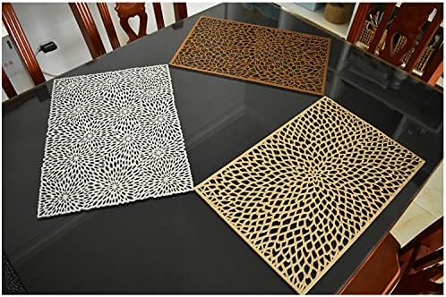 Hosoncovy 4 Pack Decorative Rectangle PVC Placemats Flower Placemats Hollow Dining Table Place Mats Heat Resistant Non-slip Dining Placemats Table Mats for Home Kitchen Wedding (Gold)