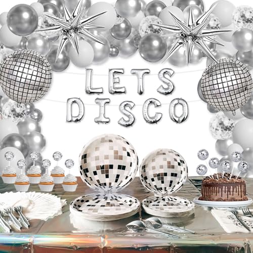 Disco Party Decorations , 60s 70s Disco Groovy Party Supplies Iridescent Party Decoration (16 Guest) with Disco Ball Balloon Garland Arch Plates Napkins Forks Tablecloth Paper Cake Topper