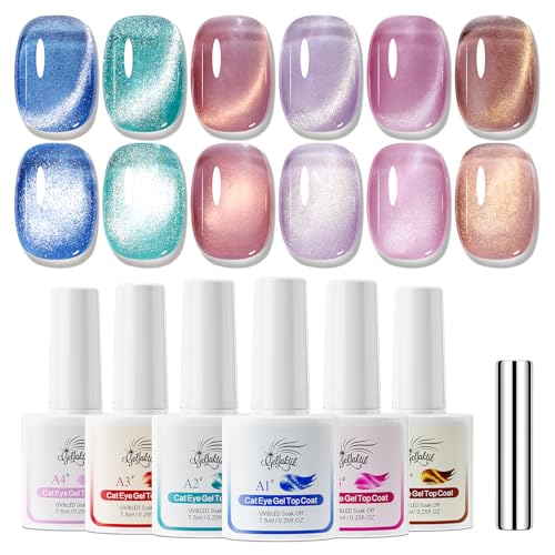 GELLAKTIK 5-in-1 Cat Eye Gel Polish Kit, 6PCS-7.5ml No Base/Top Coat Needed, All-in-One Formula, Beginner-Friendly Magnetic Nail Art Set with Magnet Sticks, Fast Curing for Home DIY Manicure