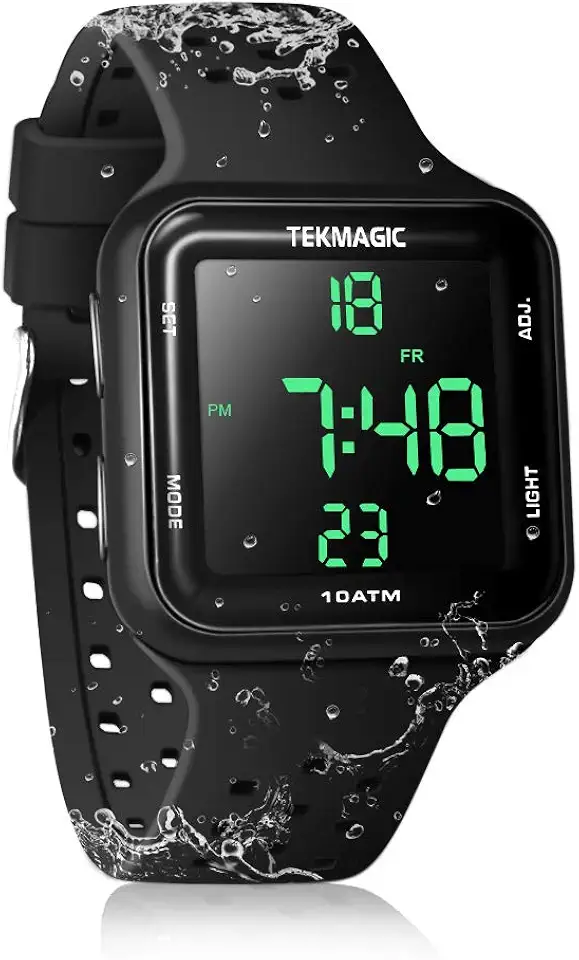 Relógio masculino para natação e mergulho, 10 ATM, impermeável, 100 m, relógio esportivo digital subaquático com cronógrafo, cronômetro, fuso horário duplo, formato 12/24 horas, W23-CUS-BK,