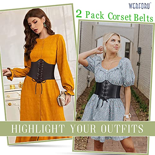 WERFORU 2 Pack Women Corset Elastic Belt Wide Vintage Lace-up Tied Costume Waspie Waist Belt Halloween2