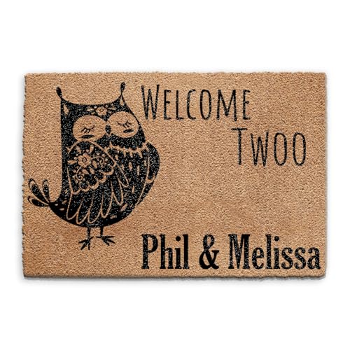 Hairyworm Personalised Doormat (40cm x 60cm) Small, Customise with Name, Initial, Text, Coconut Core Fibre Heavy Duty Mat, Rug, Family Name Flower Owl Welcome Indoor Natural Coir Regular Door Mat