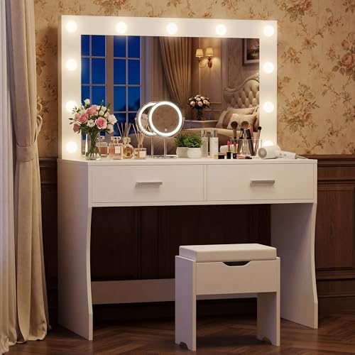 Image of YESHOMY Vanity Desk with Mirror,Makeup Vanity Table with 11 Adjustable Lights and 2 Spacious Drawers,3 Lighting Modes with Control&Soft-Padded Storage Stool,Modern Bedroom Vanity Set, Pure White