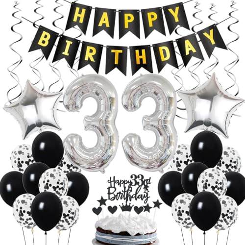 Decoración de 33 cumpleaños, Deco de cumpleaños 33 años hombres, Deco de 33 cumpleaños hombre, Deco de 33 globos negro y plata, Deco de fiesta de 33 cumpleaños con globos, Deco de 33 cumpleaños