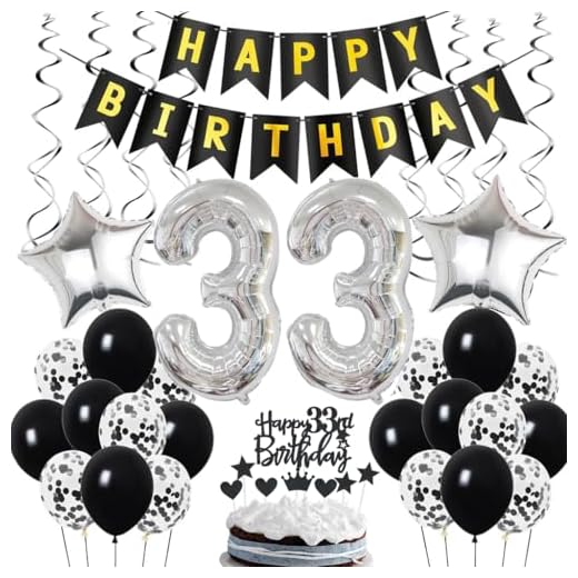 Decoración de 33 cumpleaños, Deco de cumpleaños 33 años hombres, Deco de 33 cumpleaños hombre, Deco de 33 globos negro y plata, Deco de fiesta de 33 cumpleaños con globos, Deco de 33 cumpleaños