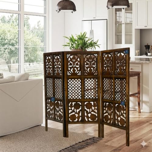 Image of Wooden Room Partition Screen with Burnt Wood Finish | Hand Buffed Traditional Handicraft Room Divider | 6 Ft Height Indoor Room Separator (3 Panel 4 Feet)