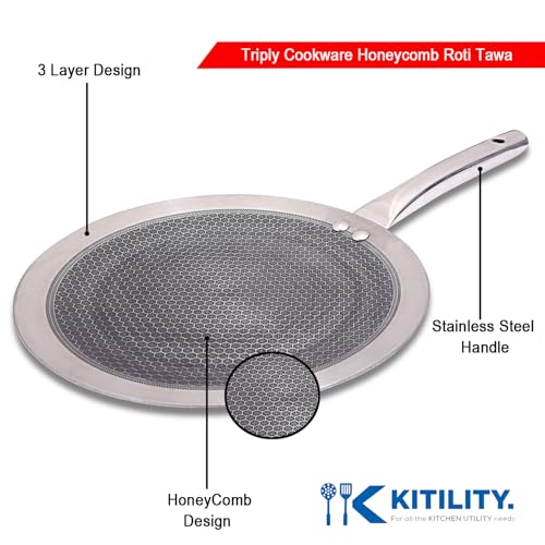 Image of Steels Hexa Comb Roti Tawa 28cm - 2.5mm Thick Triply Non-Stick Flat Pan for Rotis & Chapatis | Compatible with All Cooktops Including Gas & Induction | Durable Premium Design,Capacity 0.54ltr