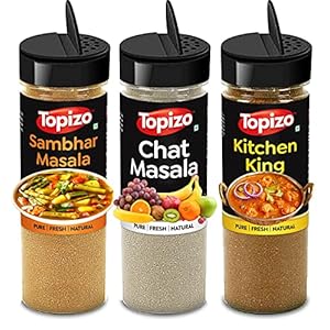 Topizo Sambhar Masala, Chat Masala, Kitchen King 100% Pure Spice (3 big bottles) 300g