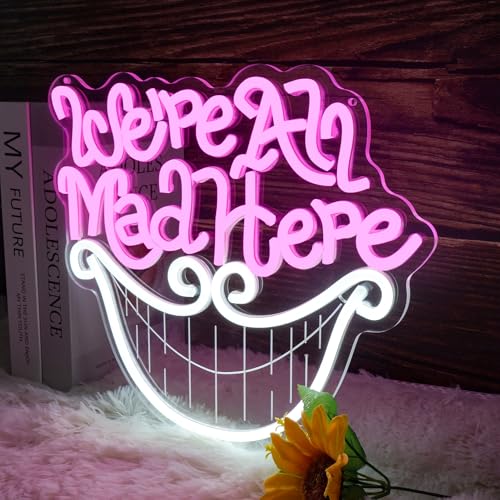Image of Mad Hatter's Tea Party Neon Sign We're All Mad Here Inspirational Light for Wall Art Decor Cheshire Cat's Grin Neon Sign Unique Wall Decor for Book Lovers and Movie Fans Birthday Party Gifts 12.8*11.3