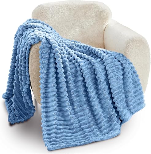 GC GAVNO CAVAILIA Ribbed Blanket Throw | Fluffy Fleece Throws For Sofas, Bed, Settee, Couch | Comfortable Extra Large Blankets & Throws | King Size 200x240 Cm | Denim Blue