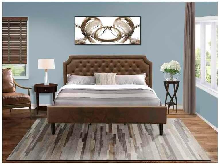 HomeStock Artistic Accomplishment 2 Piece Platform King Bedroom Set with Button Tufted King Bed and 1 Antique Mahogany Small Nightstand Dark Brown Faux Leather with Black Texture and Black Legs