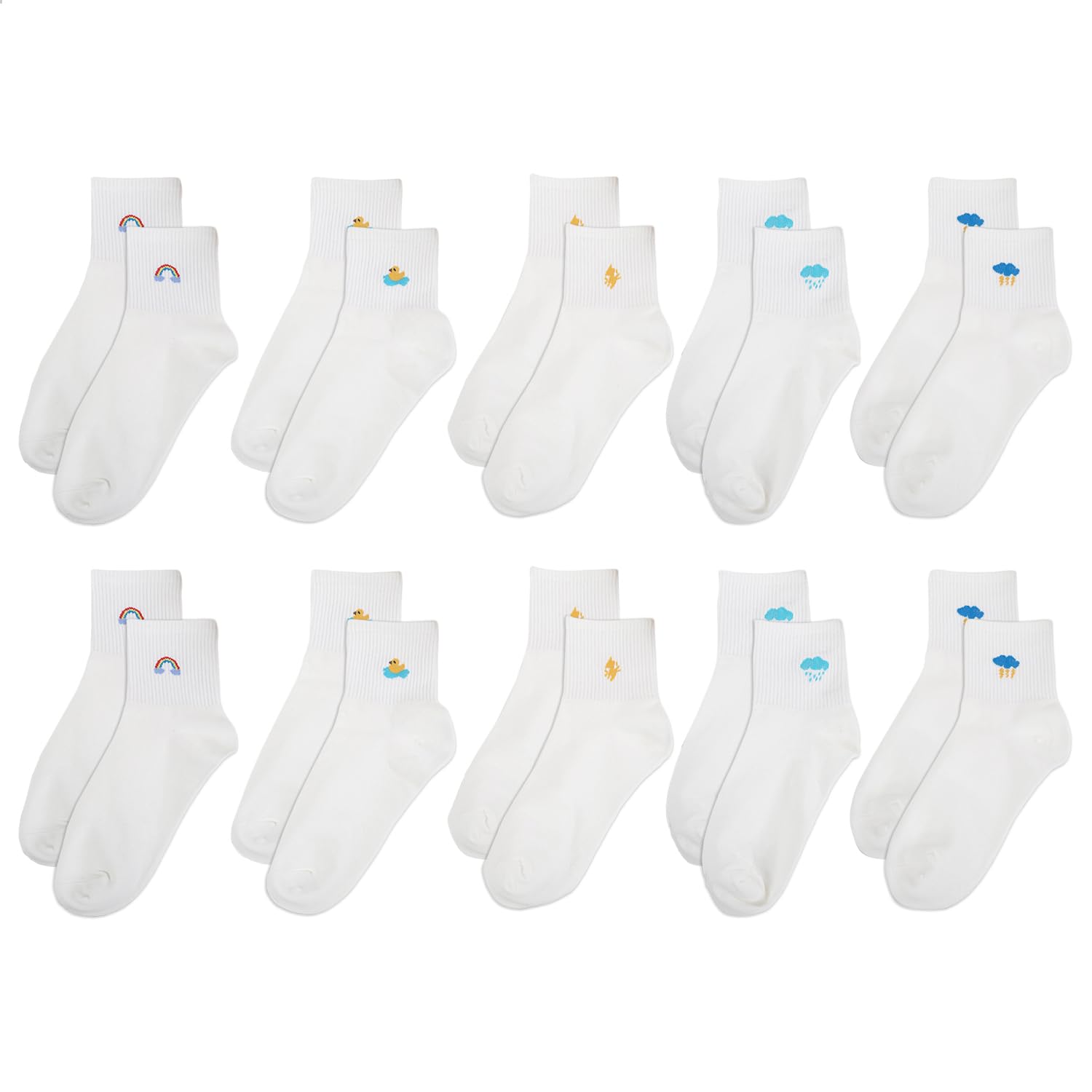 Rnfksu Unisex White 10 Pairs Of Socks, Cute And Sweet Socks, Cotton Breathable, Sports And Leisure Decoration.