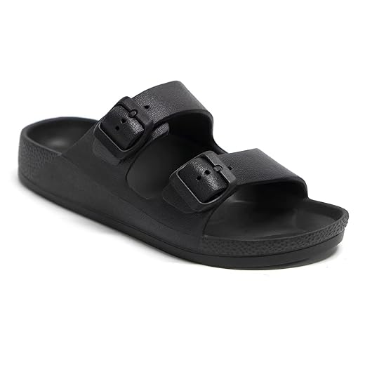 BOEBAL Womens Sandals Slides Adjustable Double Buckle Slippers Waterproof Beach Slide Comfortable Arch Support EVA Flat Shoes 9 Black