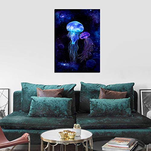 Jellyfish Wall Art Cosmic Galaxy Ocean Canvas Picture Fantastic Sea World Blue Modern Artwork Contemporary Art Print Framed For Home Office Kitchen Bathroom Bedroom Nursery Living Room Decor 20" X 28" #TOP4