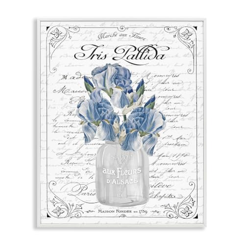 Stupell Industries Delicate Iris Flower Bouquet Ornate French Script Border, Design by Lettered and Lined, White Framed, 24 x 30