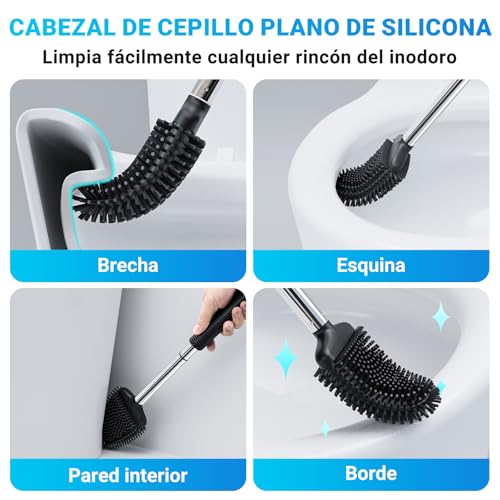 Miniatura 2 de Fowooyeen Escobillas De Baño, Escobilla Wc Silicona, Cepillo Toilet Plana Con Mango De Inoxidable, Cepillo De Limpieza Wc De Pie Montado En La Pared, Negro