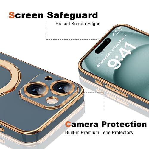 ETPESOK Compatible with iPhone 15 Case with Magnetic Ring Stand [Compatible with Mag-Safe] [Full Camera Lens Protector] Soft Plating Phone Case for iPhone 15 6.1", Grey Blue by ETPESOK - Used condition - Image 7