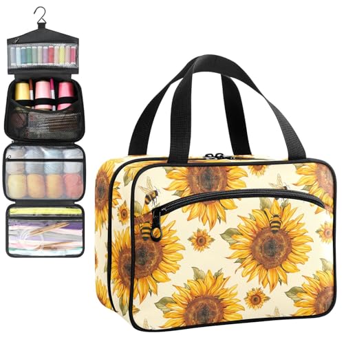 YNNALE Sewing Supply Organizer Bag, Yellow Sunflower Bee Summer Portable Sewing Bags with Pockets&Hanger, Sewing Storage Box Case for Sew Supplies/Kit/Tools/Accessories (BAG ONLY)