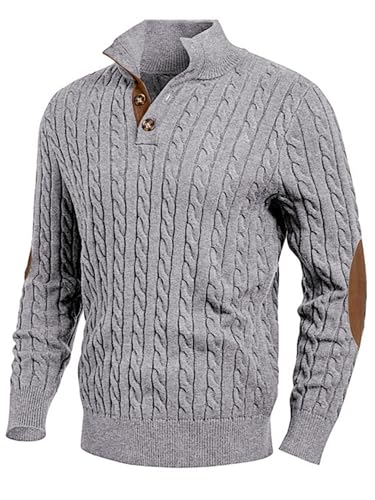 Image of JMIERR Men's Cable Knit Pullover Sweater Casual Long Sleeve Stand Collar Button Knitted Sweaters