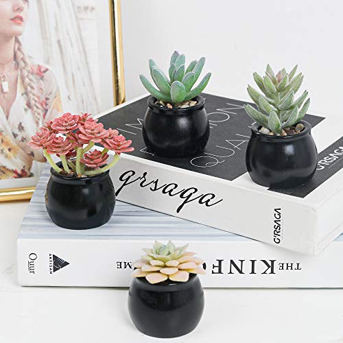 Luyue 4 Pack Potted Fake Succulents Decoration Artificial Succulent Sets With Pot Faux Mini Plants For Flower Arrangement (Black Ceramic Pots*4Pack) #TOP3