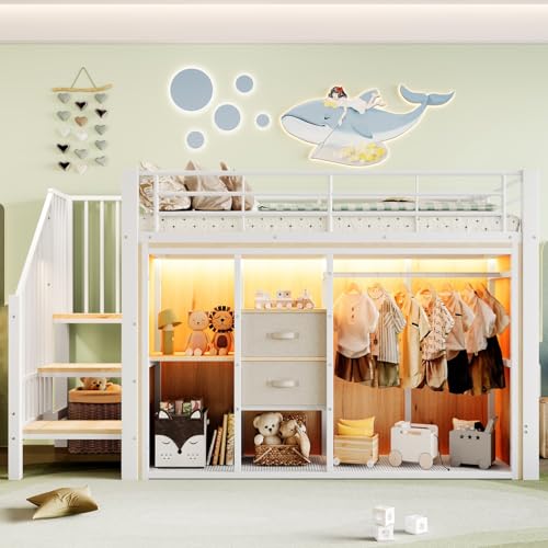 PUGSDRLY Lit Mezzanine Enfant 90x200cm,Lit mi Hauteur Enfant avec Armoire