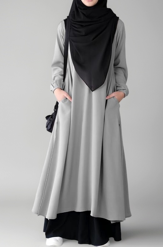 - Two Pieces Abaya Dress with Elasticated Sleeves made with Nida Matte Fabric - Knee length Burqa for Women and Girls