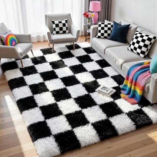 Image of KICMOR Black and White 3x5 Rugs for Bedroom Bedside, Fluffy Soft Checkered Shag Area Rug Fuzzy Shaggy Small Living Room Carpet, Plush Throw Rug for Kids Boys Girls Dorm Nursery Home Decor Aesthetic