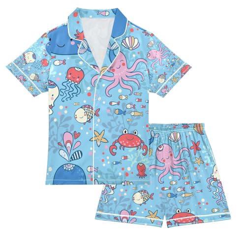 senya Blue Fish Octopus Marine Satin Summer Pajama Sets Silk Short Sleeve Button Down Sleepwear
