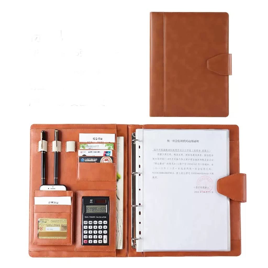 Teczka konferencyjna A4, Binder 4 segregator kołowy CV teczka skórzana profesjonalny organizer biznesowy na list A4/notatnik prezent dla mężczyzn(Brown,12digit calculator)