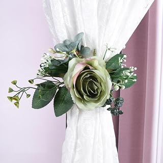 2 Pack Green Leaves Artificial Flower Curtain Tiebacks Clip, Aesthetic Tie Backs for Drapes, Home Decor Metal Curtain Clip, Green