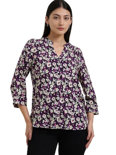 Image of FableStreet Women Shirt Work & Casual | Relaxed Fit Mandarin V-Neck Three-Quarter Sleeves Solid Pattern | Breathable Woven Fabric for Office & Everyday Wear