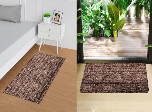 Image of Kuber Industries Runner & Door Mat Combo Set | Anti-Skid Lexus Home Decor Bedside Runner for Bedroom | Set of 2 | Brown
