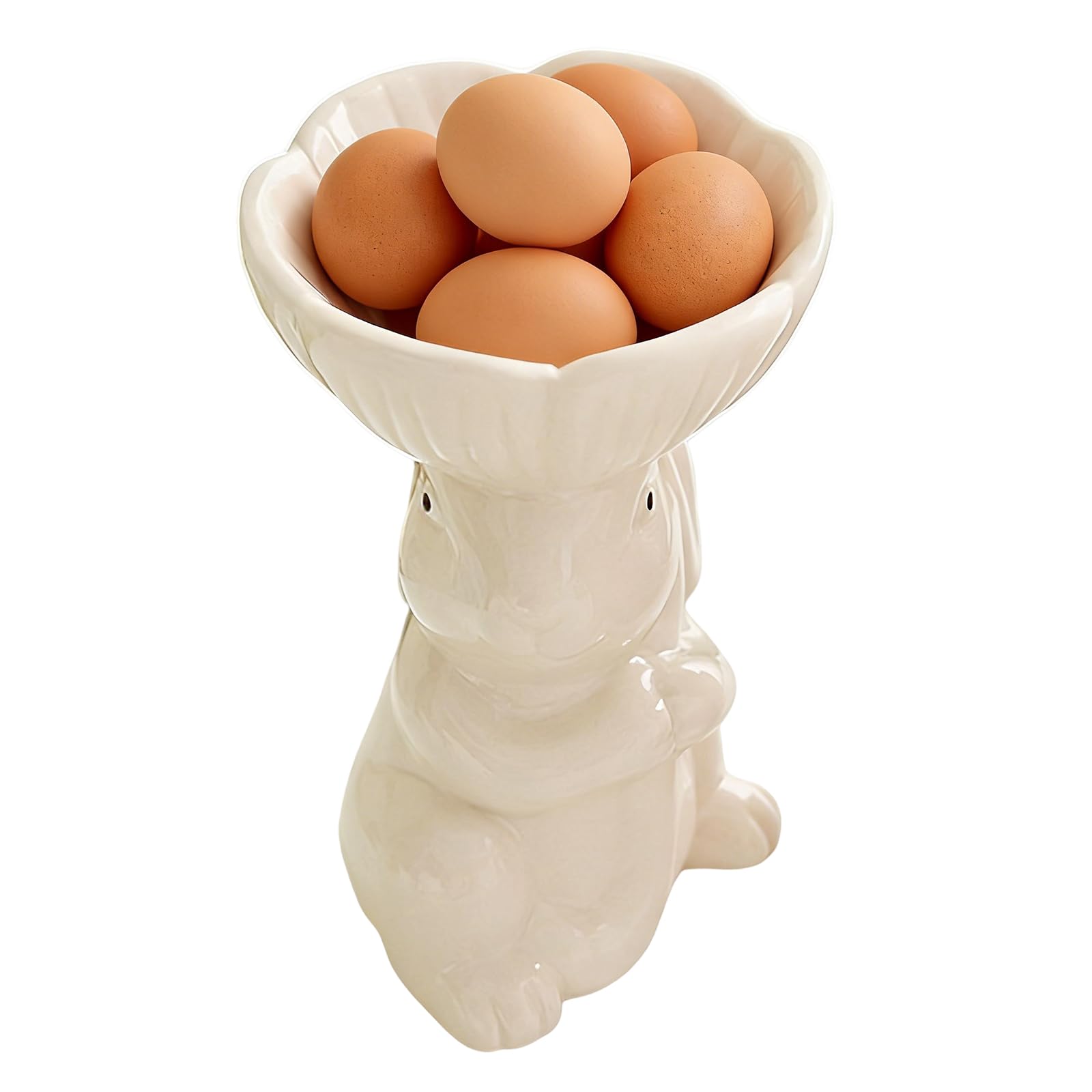 NEWFT Easters Themed Ceramic Eggs Cup Rabbits Shaped Eggs Stand for Festives Table Setting White Porcelain Breakfast Holder