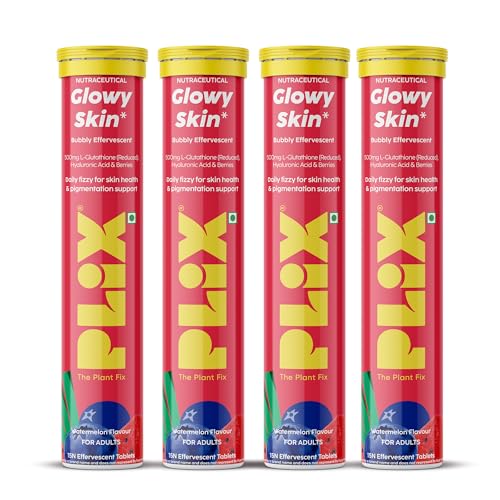 Image of PLIX - THE PLANT FIX Glutathione Effervescent Tablets for Clear, Glowing & Youthful Skin | 500mg Glutathione, Vit E & Hyaluronic Acid | No Maltodextrin, No Sugar | Pack of 4 (60 tabs) | Watermelon