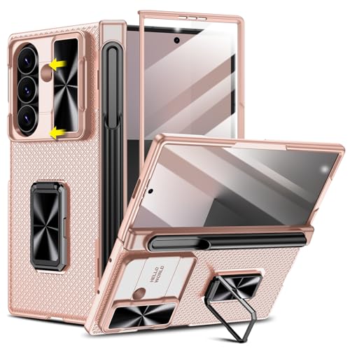 Doeshine Coque pour Samsung Galaxy Z Fold 7, Porte-S Pen, 360 ° Rotatif Support, Protection D'écran et L'appareil Photo, Protection Contre Les Charnières, Armor Cover Case Housse 2025 (Doré)