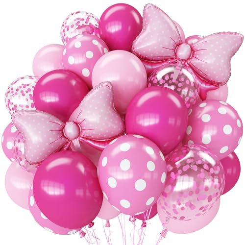 Pink Bow Balloons 62Pcs 12Inch Hot Pink Bow Foil Balloons Set Polka Dot and Confetti Latex Balloon for Girls Women Birthdays Baby Shower Bridal Bachelorette Cartoon Theme Valentine Party Decoration