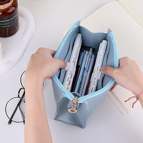 Image of iSuperb Leather Pencil Pouch PU Pencil Case with Zipper Pen Bag Make Up Cosmetic Pouch for Office Travel (Blue)