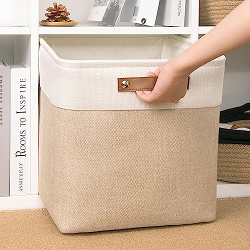 Image of DULLEMELO Cube Storage Bin 13x13,Collapsible Fabric Storage Cube for Organizing,Cubby Storage Basket for Shelves,Closet,Laundry,Nursery,Toys,Clothes (White&Khaki)