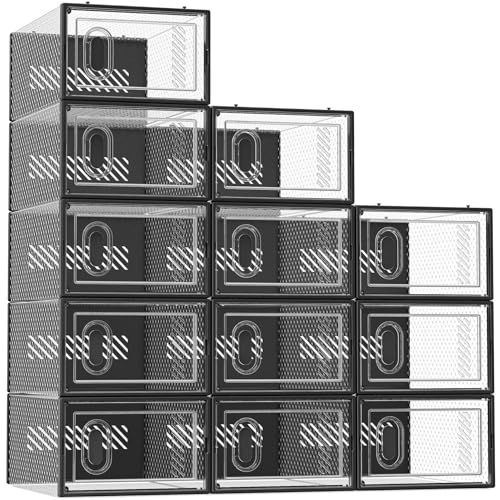 SIMPDIY Shoe Storage, 12 Pack Shoe Organizer for Closet, Shoe Boxes Clear Plastic Stackable Shoe Containers with Lids for Size 10, Black