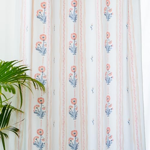 Image of Tranquebar Curtain Co. Cotton Curtains 7 Feet Long Set of 2,60-65% Room Darkening,Coral-Blue Floral Print,Door Curtains 7 Feet Set of 2,Door Curtains 7 Feet Set of 2,BackTabs Dani (213 cm) - Set of 2