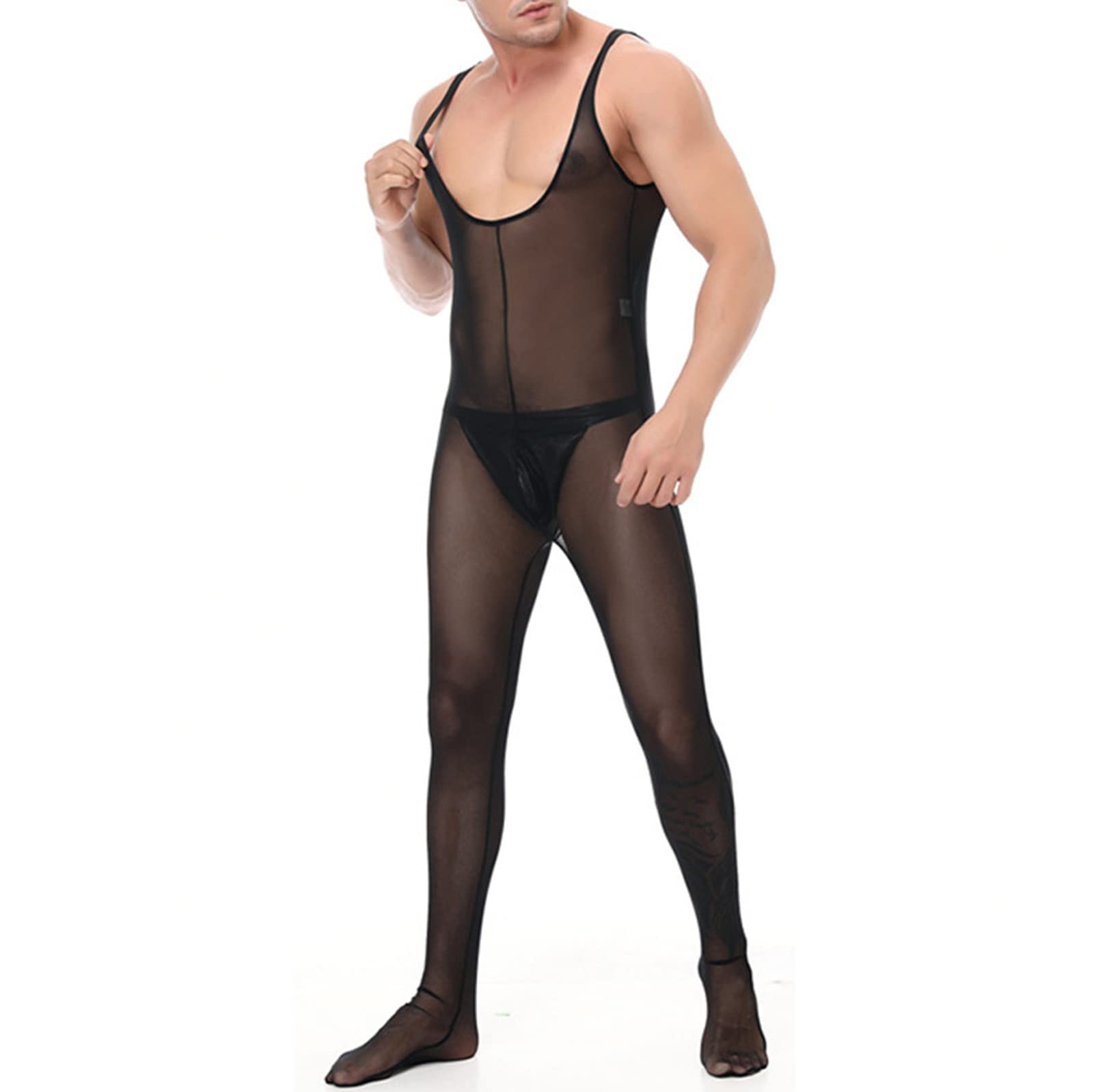 Maiyifu-GJ Men's One Piece See Through Mesh Bodysuit Faux Leather Wrestling Singlet Leotard Sissy Sheer Jumpsuit Clubwear (Black 3,XX-Large)