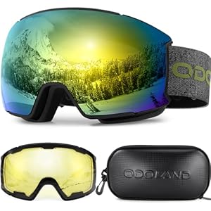 Odoland Kit de Lunettes de Ski Magnétique, avec 2 écran Détachable, Lunettes de Neige Torique Design, Anti-UV, Anti-buée, Coupe-Vent, Masques de Ski pour Homme & Femme Monture Noire, Lentill