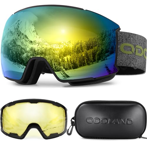 Odoland Skibrille Snowboardbrille für Damen und Herren mit 2 Magnetische Wechselglas und Hülle Anti-Fog UV-Schutz Helmkompatible für Jungen und Frauen, Männer zum Snowboard Skifahren