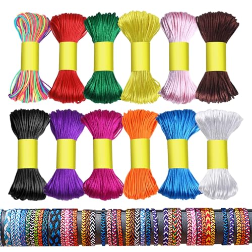 12 Stücke Satinkordel Perlgarn für Freundschaftsbänder, 1.5mm Armband Band, 12 Farben Nylonfaden für Armbänder, Knüpfbänder für DIY Schmuck Halskette Armband String (20M Jede Farbe)
