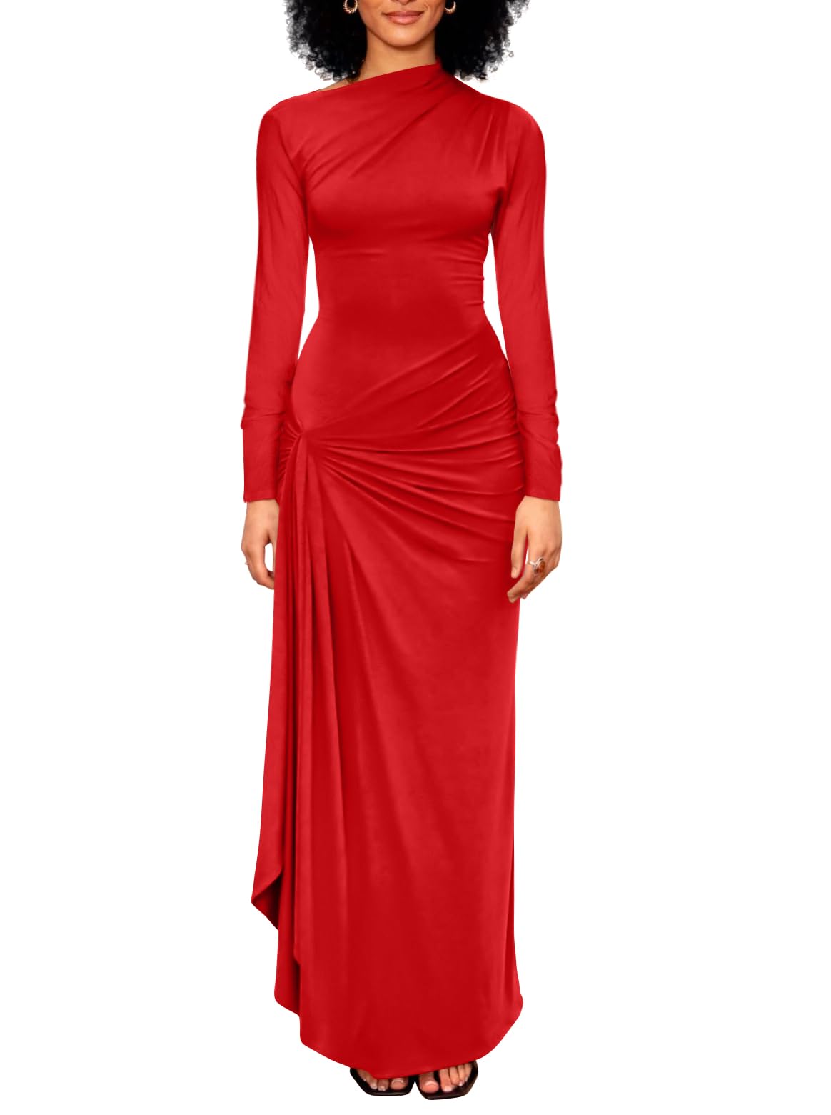 YMDUCH Women's Casual Long Sleeve Boat Neck High Split Ruched Bodycon Long Formal Dress