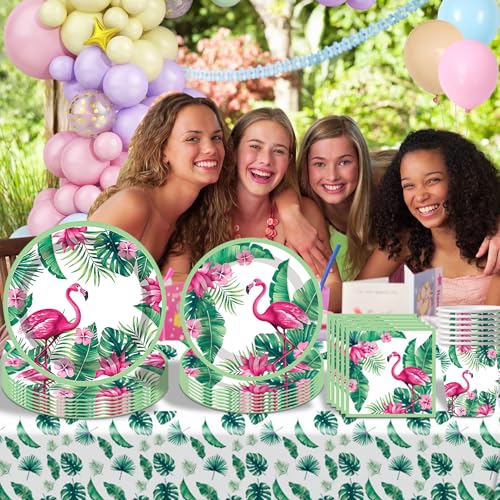 Sunshine smile Partygeschirr Flamingo,50 Stück Partygeschirr Hawaii,Geburtstagsdeko Flamingo,Deko Geburtstag Hawaii,Pappbecher Servietten Strohhalme Pappteller
